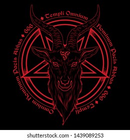 Baphomet demon goat head hand drawn print or blackwork flash tattoo art design vector illustration. Latin inscription translation - father of the temple of peace of all men