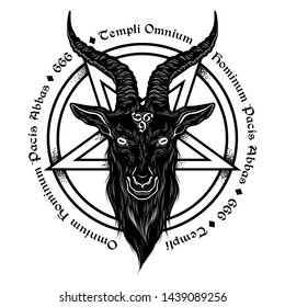 Baphomet demon goat head hand drawn print or blackwork flash tattoo art design vector illustration. Latin inscription translation - father of the temple of peace of all men