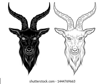 Baphomet demon goat head hand drawn print or blackwork flash tattoo art design vector illustration