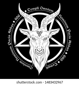 Baphomet demon goat head hand drawn print or blackwork flash tattoo art design vector illustration. Latin inscription translation - father of the temple of peace of all men