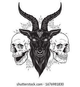 Baphomet demon goat head and human skulls hand drawn print or blackwork flash tattoo art design vector illustration