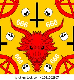 Baphomet Demon pattern seamless. Satanic background. Satan with goat head ornament. Devil symbol pentagram texture