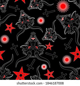 Baphomet Demon pattern seamless. Satanic background. Satan with goat head ornament. Devil symbol pentagram texture