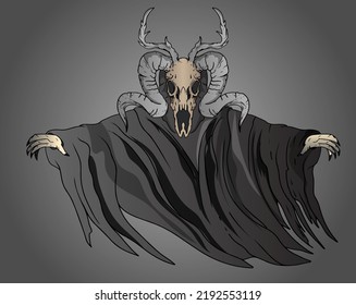 Baphomet in engraving technique of demon with goat head body.With black cats and a white cat in the middle.Satanic, occult symbol. Isolated on white background.