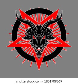 Baphomet goat head. Satanic symbol. Satan with Demon. Devil symbol pentagram. 
