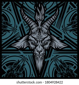 Baphomet goat head. Vector illustration in stylish engraving technique of goat head with torch light and pentagram on background. Occult symbol. 