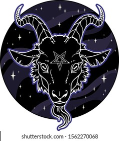 Baphomet head in black circle with stars. Mystical satanic symbol.