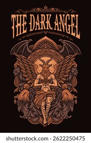 The baphomet holding crown on engraving ornament frame - Vector