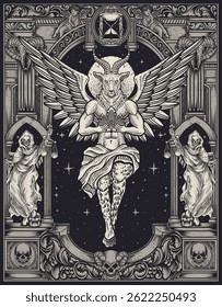 The baphomet holding crown on engraving ornament frame - Vector