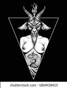 Baphomet occult t-shirt print design. Vector illustration in engraving technique of demon with goat head and woman body. Isolated on black background.