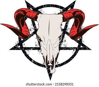 Ilustración vectorial de cráneo de cabra pentagrama de Baphomet. El pentagrama, el signo de Lucifer. La cabeza de una cabra con cuerno en un pentagrama.