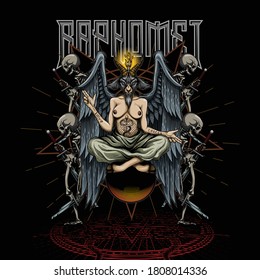 Baphomet poster design. Colorful vector illustration in engraving technique of Baphomet, demon with goat head, wings and woman body sitting on sphere, skeletons and pentagram on the floor.