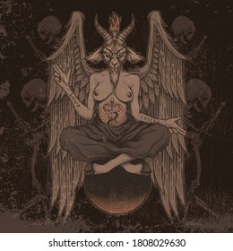 Baphomet poster design. Vector illustration in engraving technique of skeletons, pentagram and Baphomet, demon with goat head, wings and woman body sitting on sphere. Isolated.