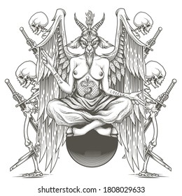 Baphomet poster design. Vector illustration in engraving technique of skeletons and Baphomet, demon with goat head, wings and woman body sitting on sphere. Isolated on white background.