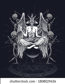 Baphomet poster design. Vector illustration in engraving technique of Baphomet, demon with goat head, wings and woman body sitting on sphere, skeletons and pentagram on the floor.