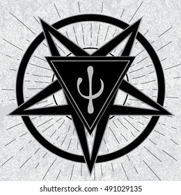 Baphomet sign with psi element. Stylish pentagram with psi element inside triangle on grunge background and star rays. Satanic, occult symbol.