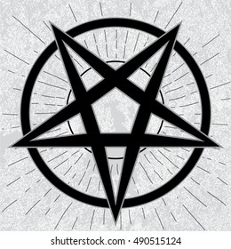 Baphomet sign. Stylish pentagram in star rays with grunge background. Satanic symbol.