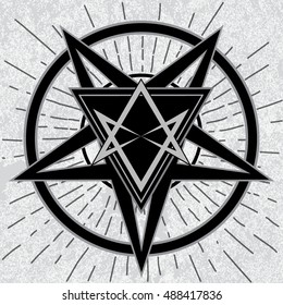 Baphomet sign with thelema hexagram. Stylish pentagram with thelema sigil inside triangle on grunge background and star rays. Satanic, occult symbol.