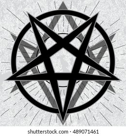 Baphomet sign with thelema hexagram. Stylish pentagram with thelema sigil on grunge background and star rays. Satanic, occult symbol.