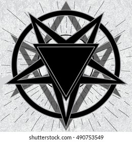 Baphomet sign with thelema hexagram. Stylish pentagram with thelema sigil and triangle on grunge background with star rays. Satanic, occult symbol.