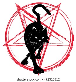 Baphomet star pentagram and black cat. 