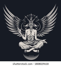 Baphomet. Vector illustration in engraving technique of demon with goat head, wings and woman body who sitting on sphere. Satanic, occult symbol. Isolated on black background.