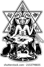 
Baphomet. Vector illustration in engraving technique of demon with goat head, wings and woman body.With black cats and a white cat in the middle.Satanic, occult symbol. Isolated on white background.
 svg