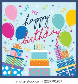 Bappy birthday card design with cake, presents and balloons