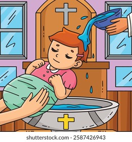 Baptism Baby Being Baptized Colored Cartoon 