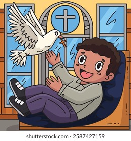 Baptism Baby and Dove Colored Cartoon Illustration