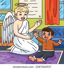 Baptism Baby and Guardian Angel Colored Cartoon 