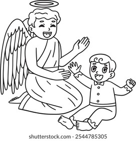 Baptism Baby and Guardian Angel Isolated Coloring 