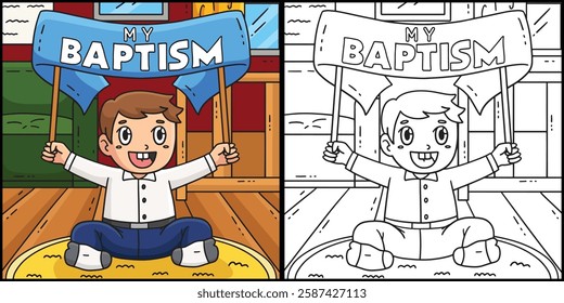 Baptism Baby Holding Banner Coloring Illustration 