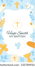 Baptism background. Baptism template. Baptism Invitation Card Design with Cross and Birds. Vector illustration. Poster, Social Media Post, Invitation Card, Greeting Card.