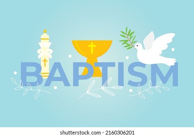 Baptism banner, invitation design template with baptismal font, dove- Holy Spirit symbol, candle and floral elements -vector illustration