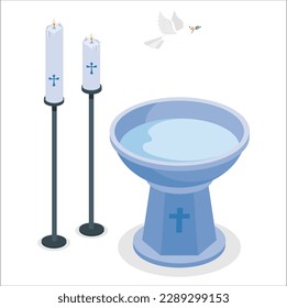 Baptism. baptismal font, dove- Holy Spirit symbol, candle and floral elements -vector illustration. baptismal font with dove in the church for a baptism. Big bowl with water and wax candles