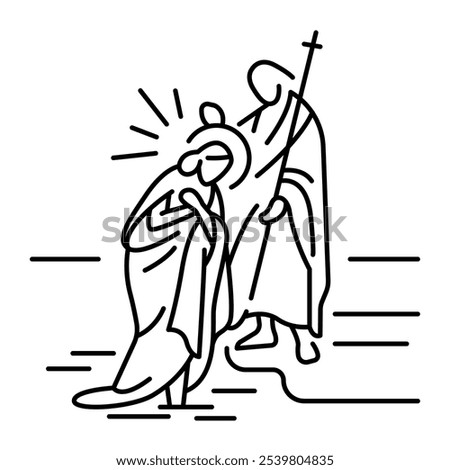Baptism blessing of Jesus Christ  in Jordan river water by John Baptist black line icon. Christian holiday concept. Editable stroke