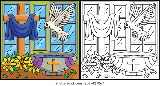 Baptism Bowl of Water, Dove and Cross Illustration