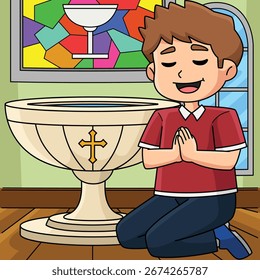 Baptism Boy Praying Colored Cartoon Illustration 