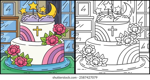 Baptism Cake Coloring Page Colored Illustration 