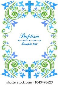 Baptism Card Design with Cross. Blue Boy's Confirmation. Christening. First Communion. Vector Illustration