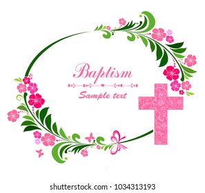 Baptism Card Design with Cross. Pink Girl's Baptism. Christening. First Communion. Vector Illustration