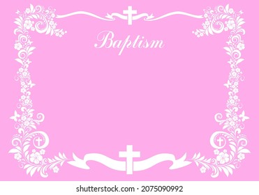 Baptism Card Design with Cross. Pink Girl's Baptism. Christening. First Communion. Vector Illustration