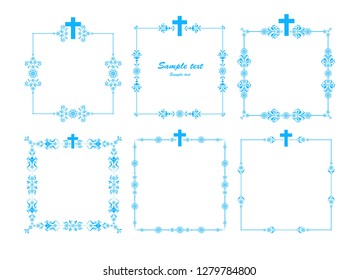 Baptism of the child in the church. Obituary notice - art deco frames with cross. Collection of Christian Symbol design elements isolated on White background. Vector illustration