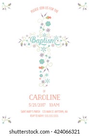 Baptism, Christening, Communion, Religious Occasion Invite - Invitation Template with Cross and Flowers