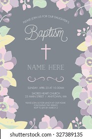 Baptism, Christening, First Holy Communion, Confirmation Invitation Template - Floral Border - Vector