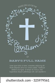 Baptism, Christening Naming Day Celebration Invitation With Watercolor Cross And Floral Wreath Design - Vector