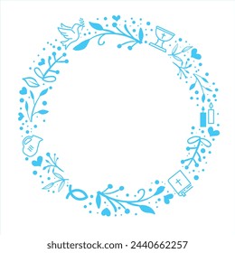 Baptism and christening template - Wreath with christian symbols - blue and white