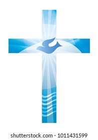 Baptism Christian cross with dove and waves of water on a blue background. Religious sign