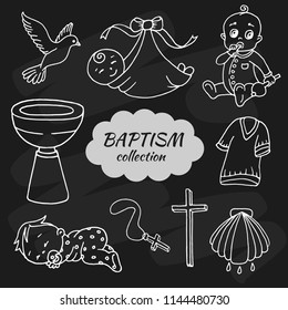 Baptism collection. Outline christening icons set. Used for postcards, congratulations, wallpapers, prints, backgrounds. Isolated on black background.